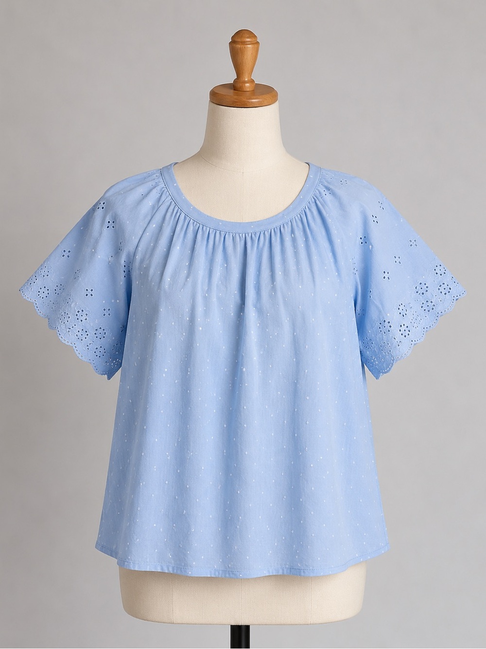 Girls Crown & Ivy Light Blue Eyelet Sleeve Cotton Blouse